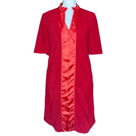 60’s Vintage Lipstick Cherry Red Corduroy Satin Shift Dress with POCKETS - Picture 1 of 8